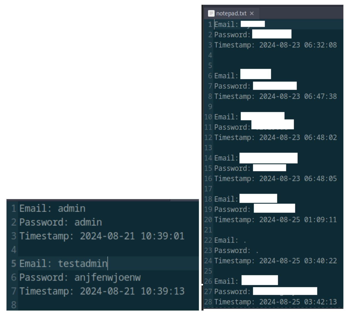 Two different sets of logged credentials two days apart